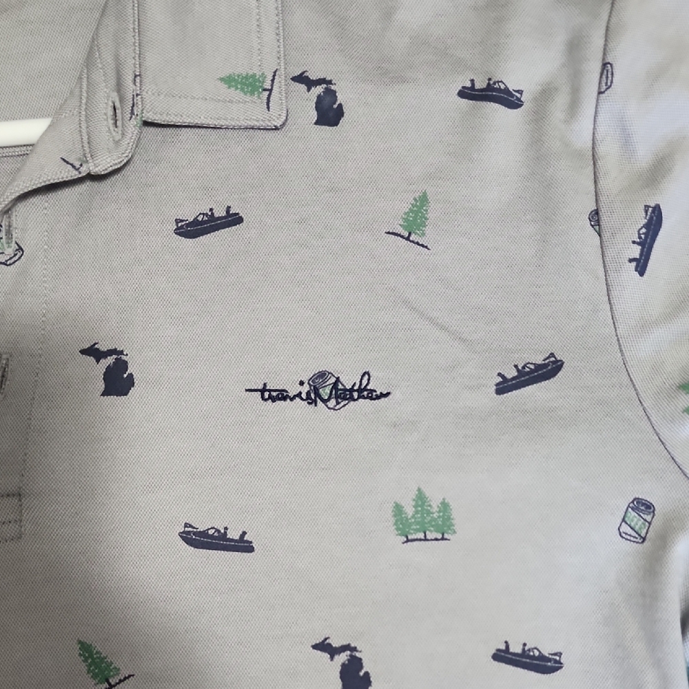 Travis Mathew Gray Polo with Navy and Green Icons - Picture 3 of 5